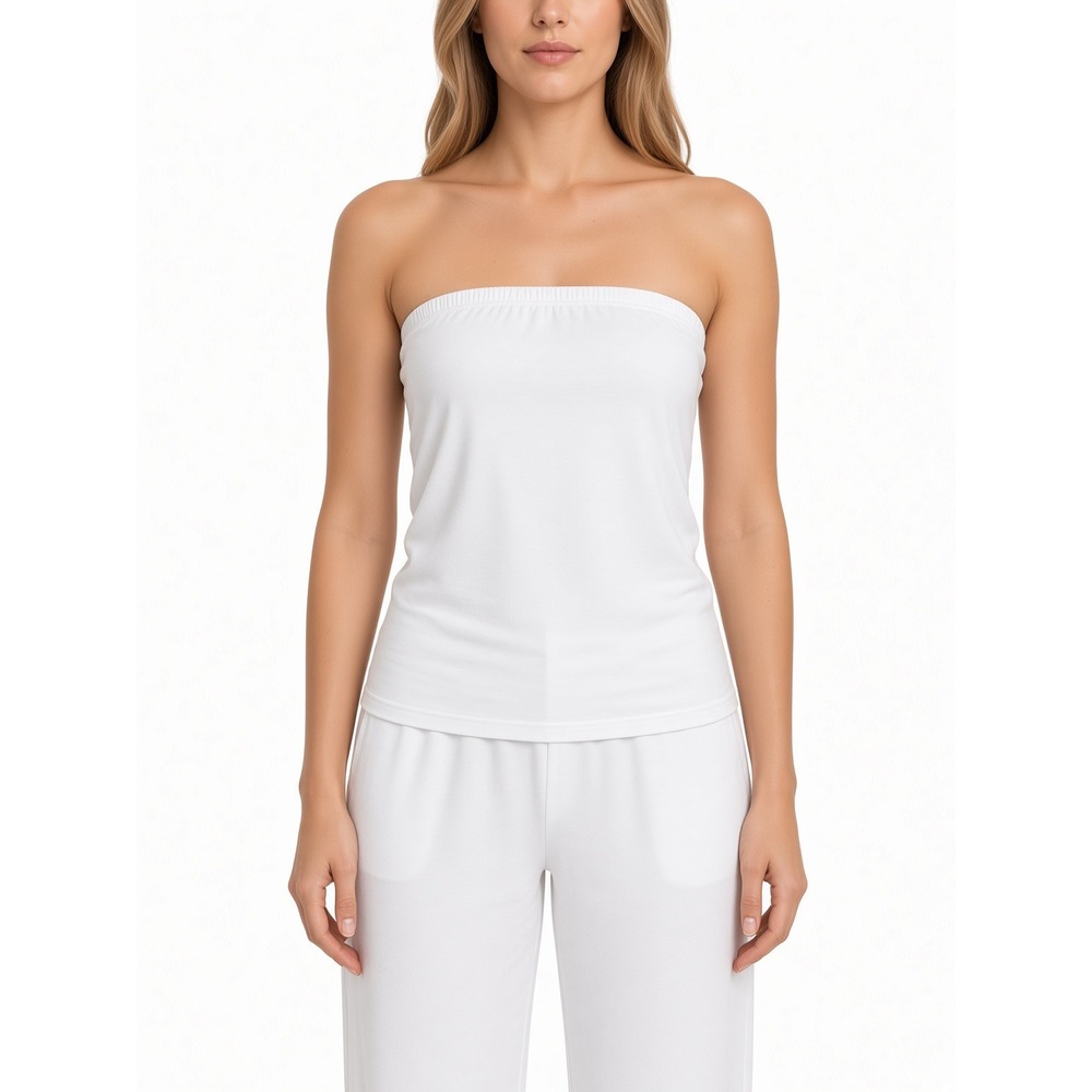 Womens White Strapless Tube Top Elastic Hem Stretch Basic Layering Cami Tank